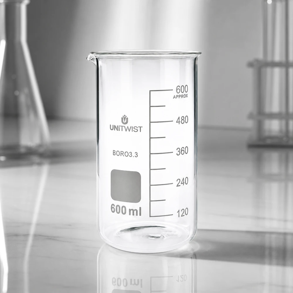 Bicchiere 600ml borosilicato, stampo alto UNITWIST Bicchiere da laboratorio UNITWIST da 600 ml, modello alto, in borosilicato, vuoto, su un banco da laboratorio con un matraccio di Erlenmeyer sullo sfondo