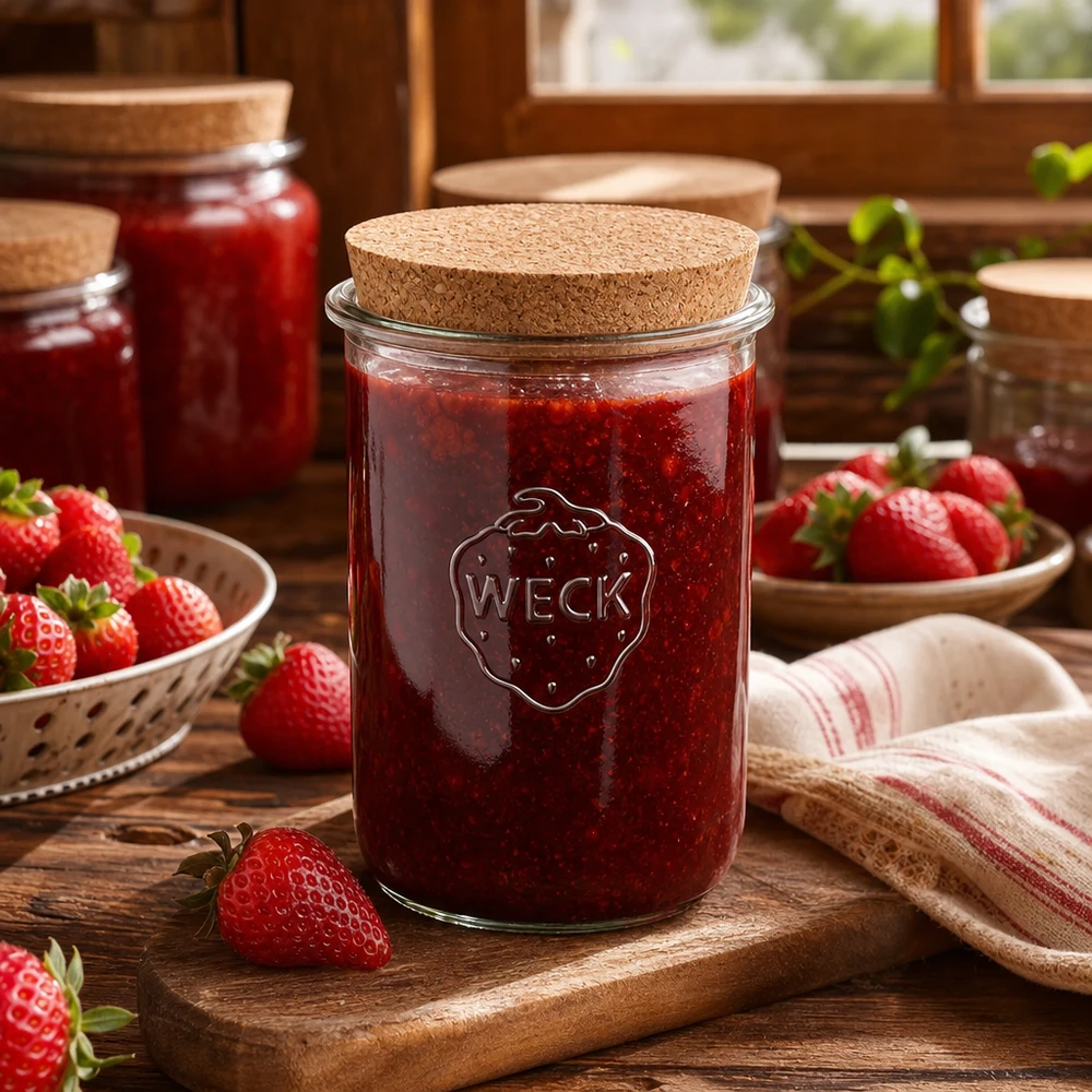 1000ml Sturzglas WECK RR100 mit Korken natur WECK Sturzglas 1000ml RR100 mit Korkdeckel gefüllt mit Erdbeermarmelade umgeben von frischen Erdbeeren rustikale Küche