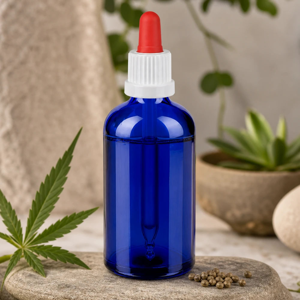 Flacone in vetro standard per farmacia da 100 ml con pipetta calibrata per il dosaggio esatto dei principi attivi