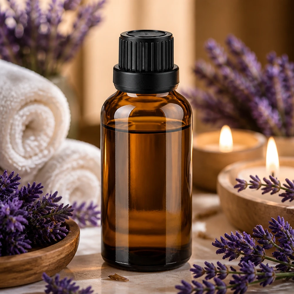 Piccolo flacone in vetro ambrato da 30 ml con coperchio nero, da portare in viaggio e in viaggio