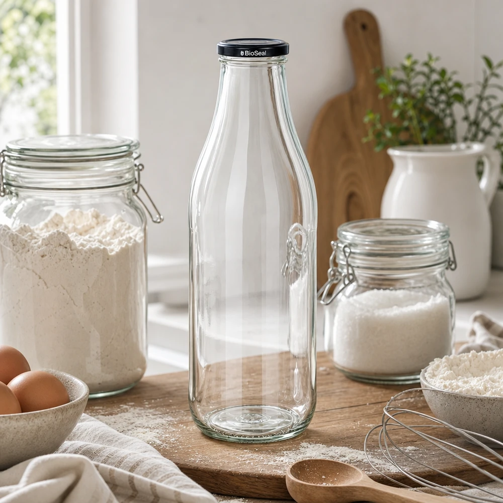 1000ml Glasflasche + BioSeal Deckel schwarz UNiTWIST 1000ml Glasflasche mit BioSeal Deckel in Küche zwischen Vorratsgläsern Mehl Zucker Küchenutensilien Lifestyle