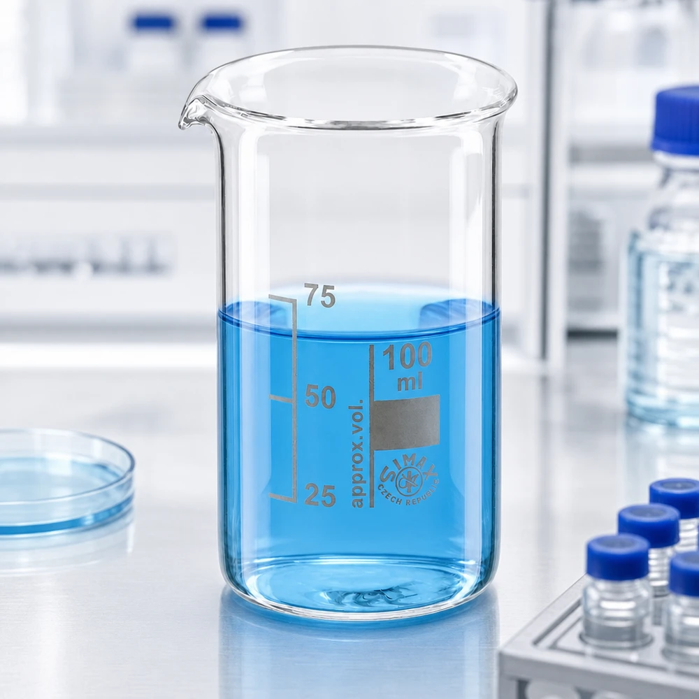 Bicchiere da 100 ml in vetro borosilicato, forma alta Bicchiere di precisione da 100 ml, forma alta, con graduazione incisa 25, 50, 75 ml, in vetro borosilicato