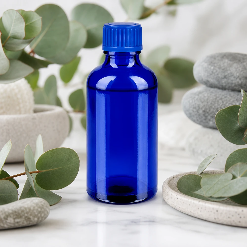 Flacone in vetro 50ml serie BlueLine con superficie opaca e tappo a prova di bambino