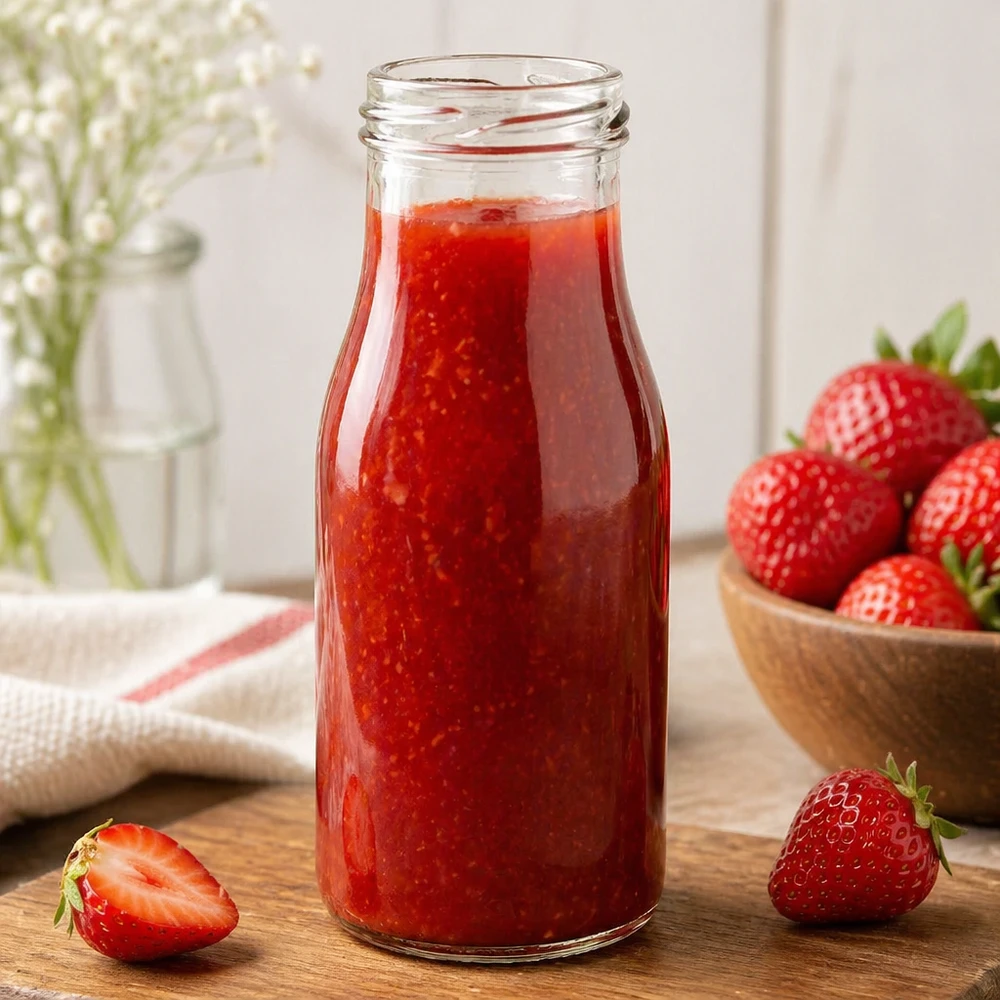 UNiTWIST Bottle150 Bottiglia di vetro da 150 ml TO43 riempita di succo di fragola accanto a fragole fresche su un tavolo di legno
