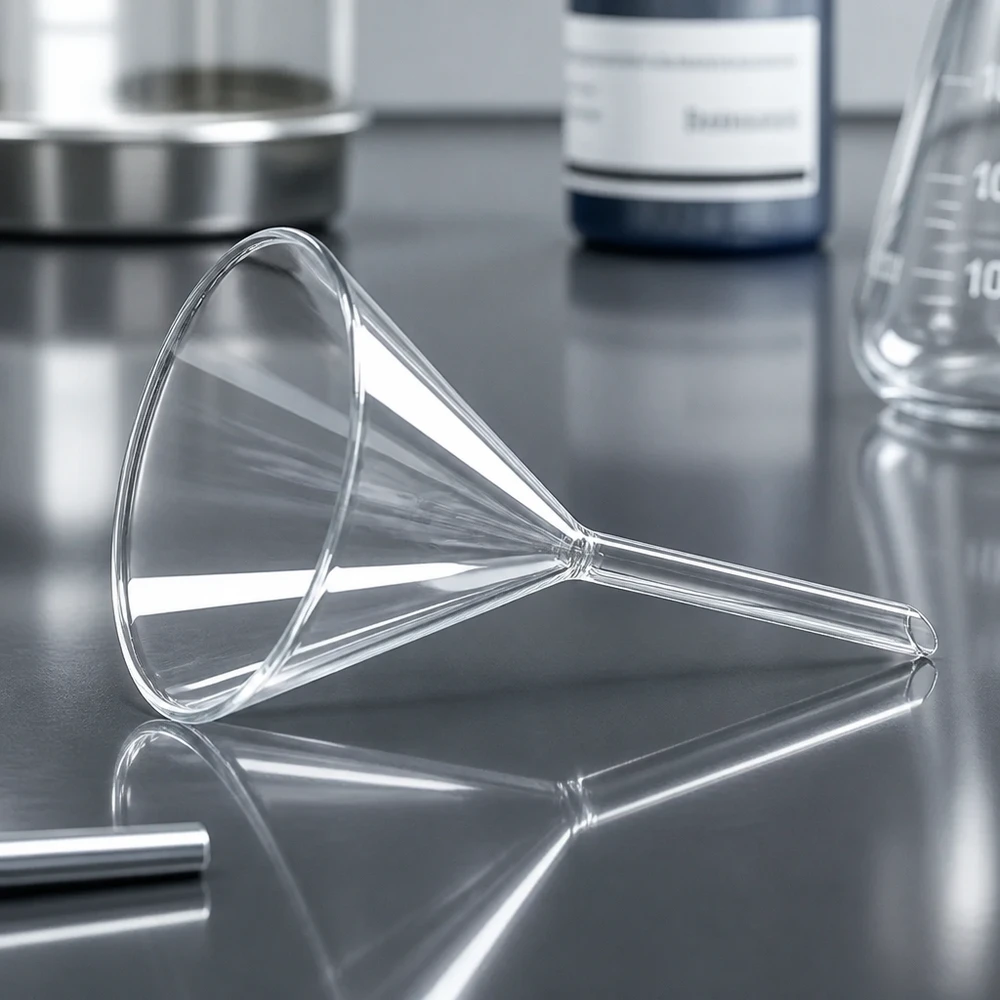 Imbuto in vetro trasparente da 80 mm con angolo di 60° per un travaso accurato in ambiente di laboratorio