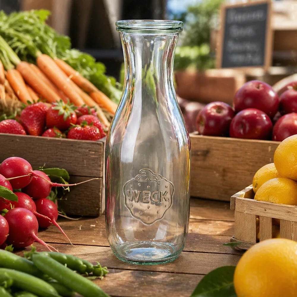 Bouteille à jus de 1 062 ml avec couvercle en verre WECK RR60 WECK Saftflasche 1062ml transparent leer auf Holztisch mit frischem Obst Gemüse Radieschen Karotten Zitronen Äpfel