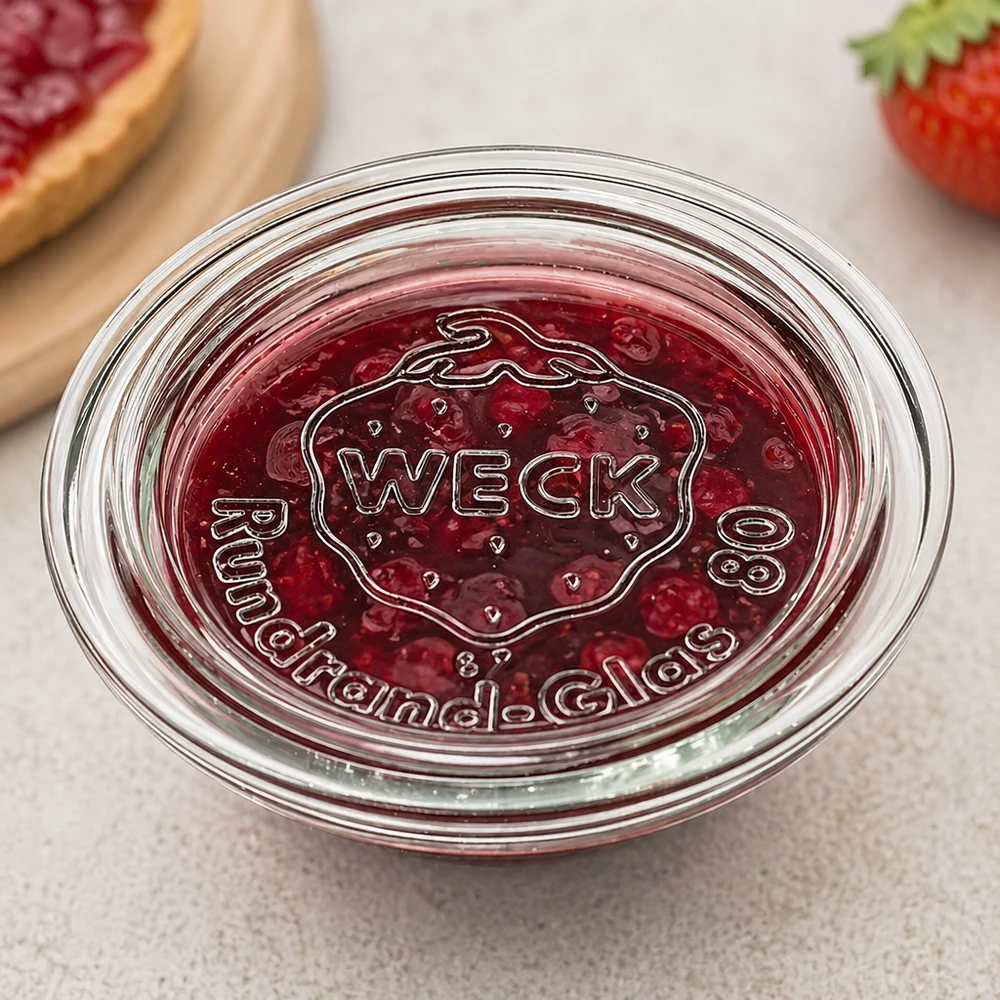 Coperchio in vetro WECK RR80 WECK Glasdeckel RR80 mit Marmelade befüllt zeigt praktische Verwendung als Schale für Konfitüre und Aufstriche
