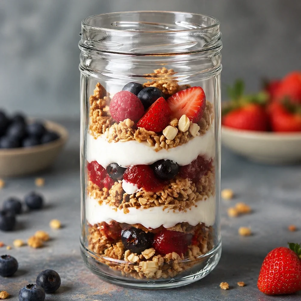 UNiTWIST Sturzglas 1053ml TO100 gefüllt mit Joghurt Müsli Beeren Schichtdessert als Anwendungsbeispiel Küche