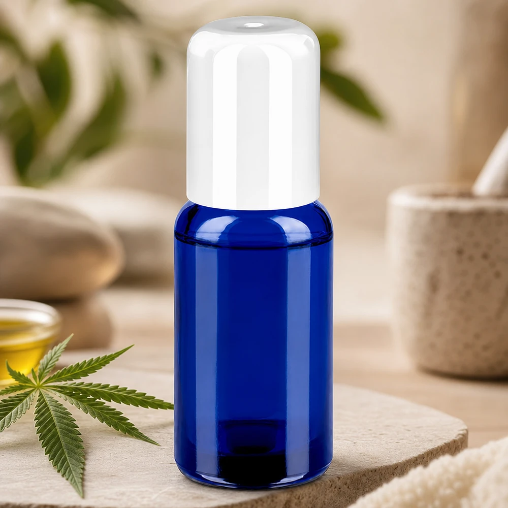 20ml Roll-On Flasche weiß Standardverschluss BlueLine UT18/20 20ml Roll-On Behälter aus hochwertigem blauen Glas mit auslaufsicherem weissen Deckel
