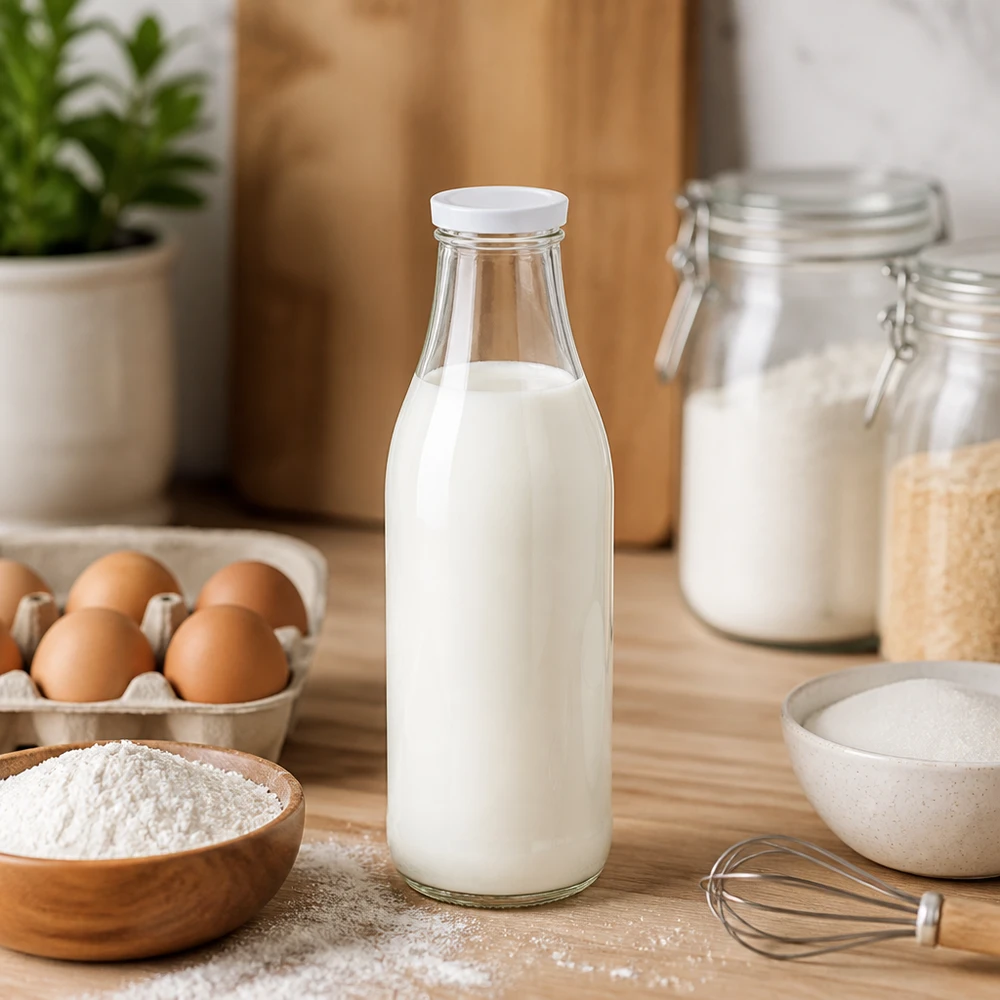 1000ml Glasflasche + BasicSeal Deckel weiß UNiTWIST 1000ml Glasflasche mit Milch gefüllt BasicSeal Deckel weiß Küchenszenerie Backzutaten Eier Mehl Vorratsbehälter