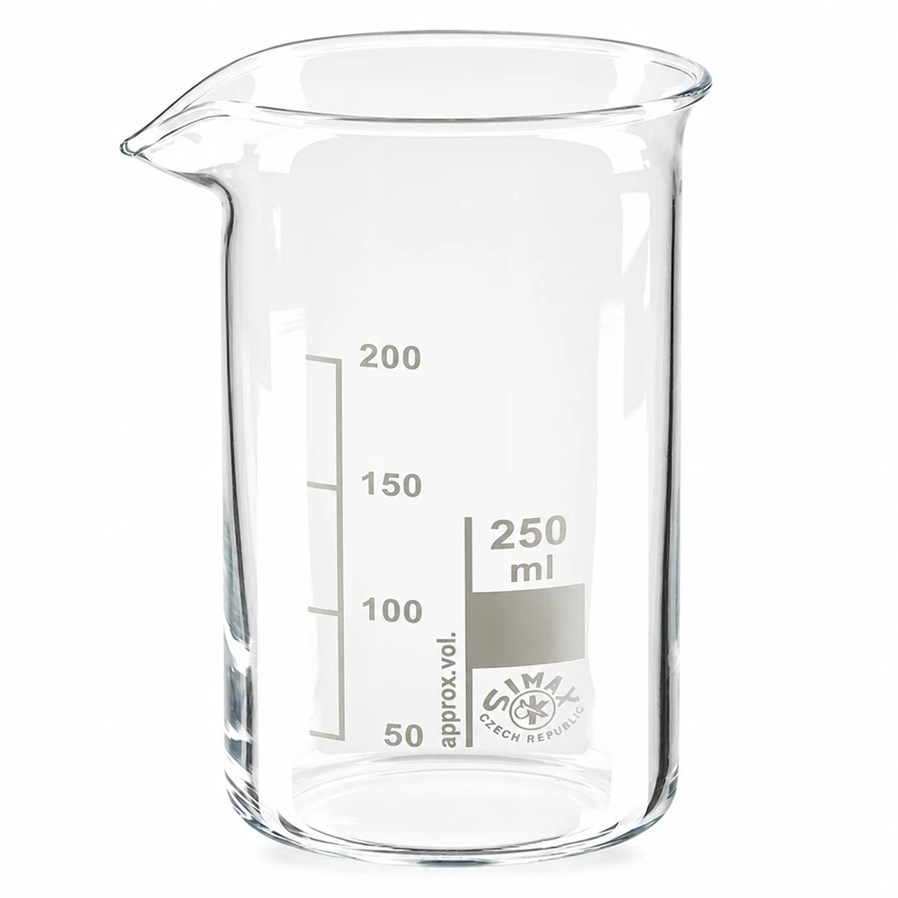 Bicchiere 250ml in vetro borosilicato, forma alta Bicchiere da laboratorio da 250 ml, forma alta, in vetro borosilicato trasparente con scala in millilitri