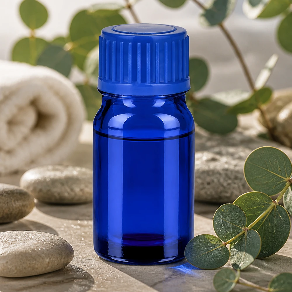 Flacone da 5 ml in vetro blu brillante con chiusura ermetica per cosmetici e benessere