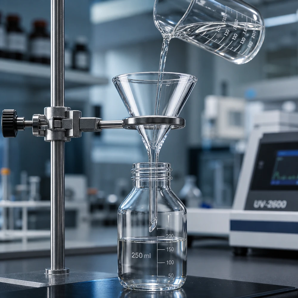 Imbuto Ø 40 mm per calce sodata, angolo 60°, stile corto Imbuto da laboratorio compatto da 40 mm in vetro soda-lime con manico corto salvaspazio per spazi di lavoro ristretti