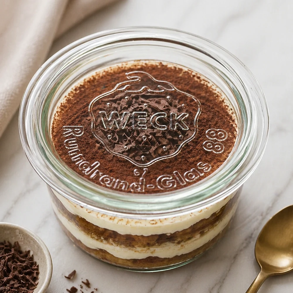 Coperchio in vetro WECK RR80 Coperchio in vetro WECK RR80 su dessert tiramisù in barattolo Weck con logo in rilievo e spolverata di cacao come scena di cucina