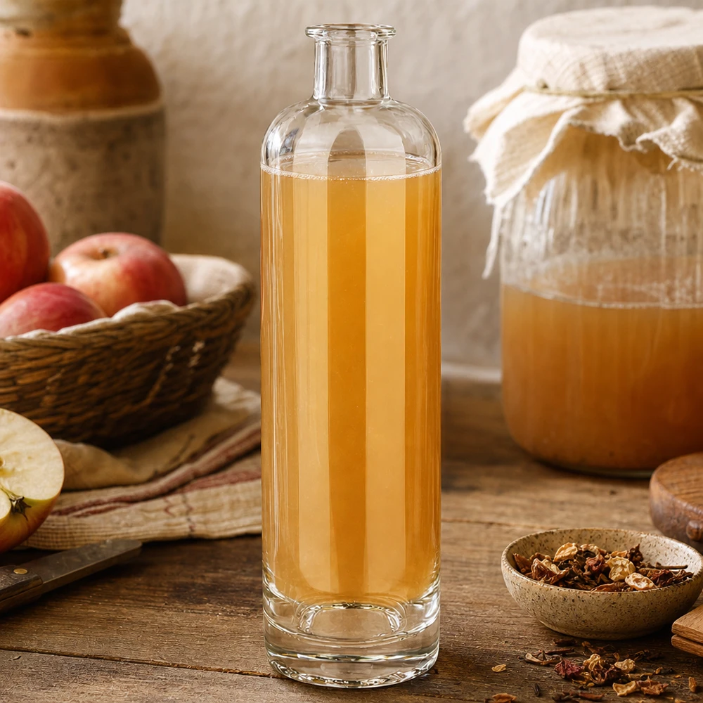 Bottiglia in vetro da 500 ml di Ella UNiTWIST riempita di succo di mela accanto a mele fresche e miele Scenario di cucina rustica