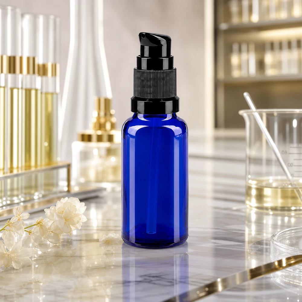Lichtschutz Pumpflasche 20ml blau Apothekerglas schwarze Pumpe für empfindliche Wirkstoffe