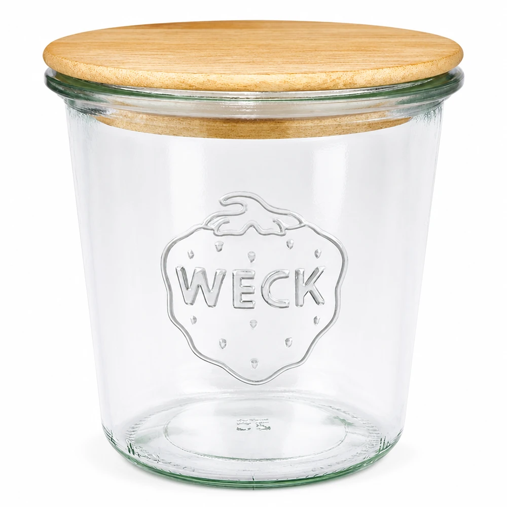 Vasetto da 580 ml WECK RR100 con coperchio in legno naturale, vasetto trasparente con logo in rilievo