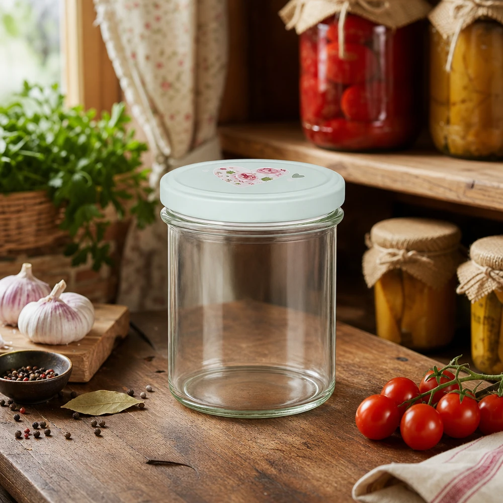 Bicchieri da 350 ml + coperchio BasicSeal cuore menta UNiTWIST Leeres 350ml Sturzglas mit BasicSeal Deckel Herz mint auf Holztisch umgeben von frischen Tomaten Knoblauch und Gewürzen