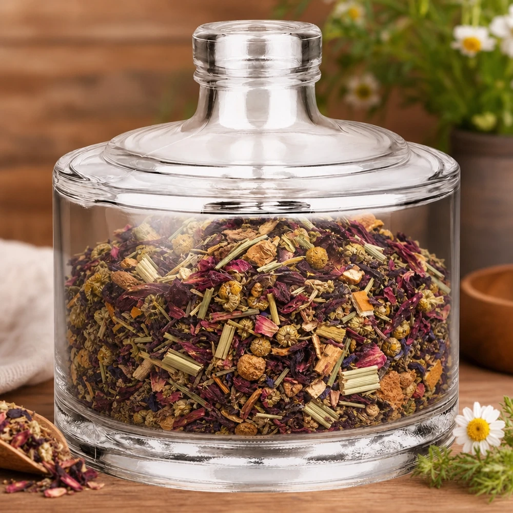 200ml Glasflasche Barbara als stilvolle Aufbewahrung für Kräutertee und getrocknete Blüten mit Glasdeckel