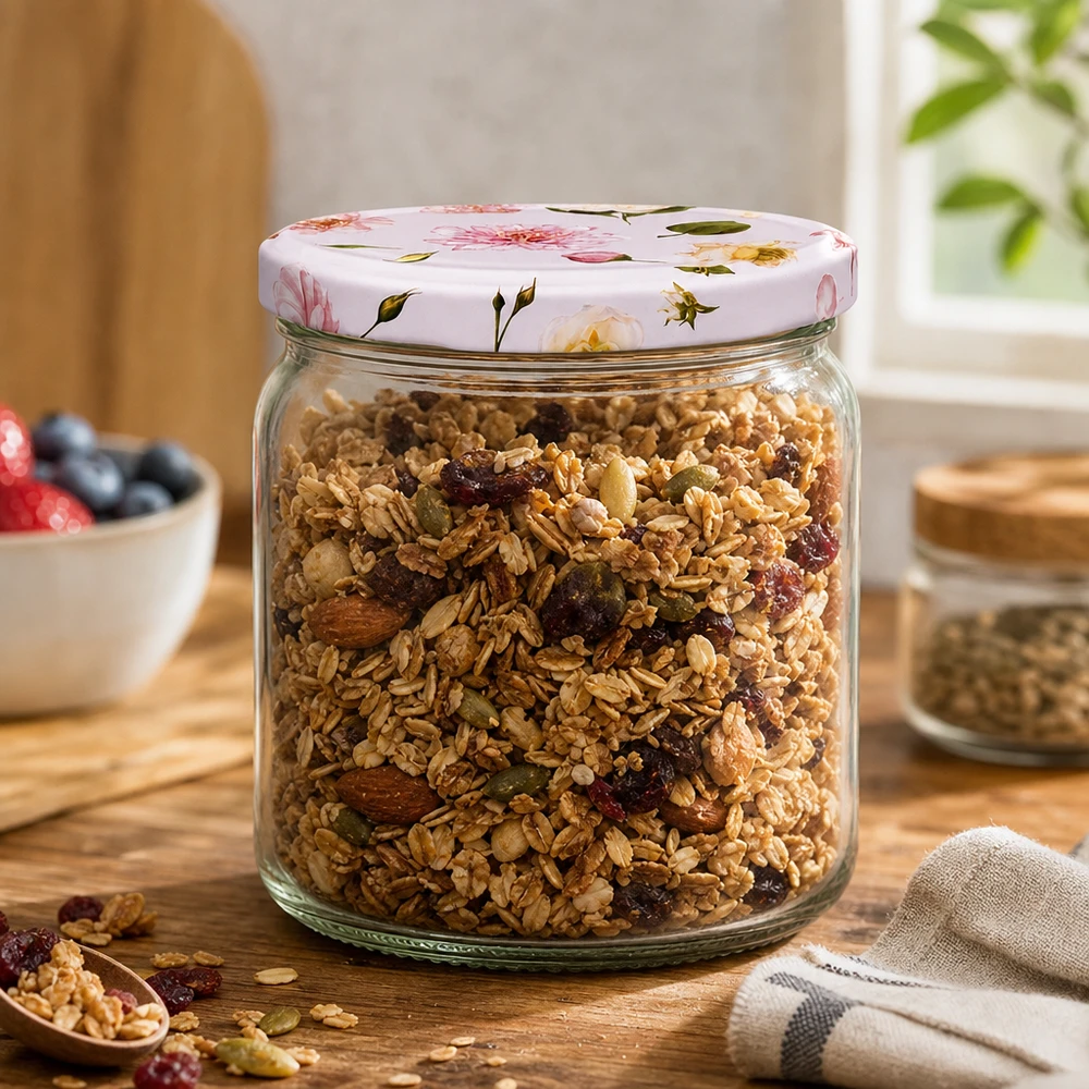 408ml barattolo rotondo rosa fiore coperchio BasicSeal riempito con muesli granola noci frutta secca barattolo di stoccaggio cucina