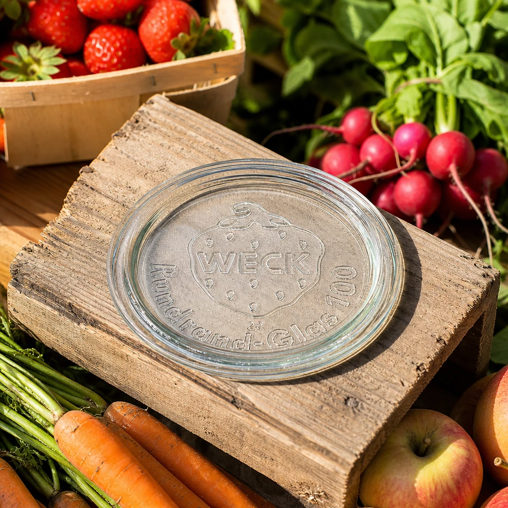 Coperchio per barattoli WECK RR100 Coperchio in vetro WECK RR100 su tavola di legno con verdure fresche, frutta e fragole in un contesto di giardino