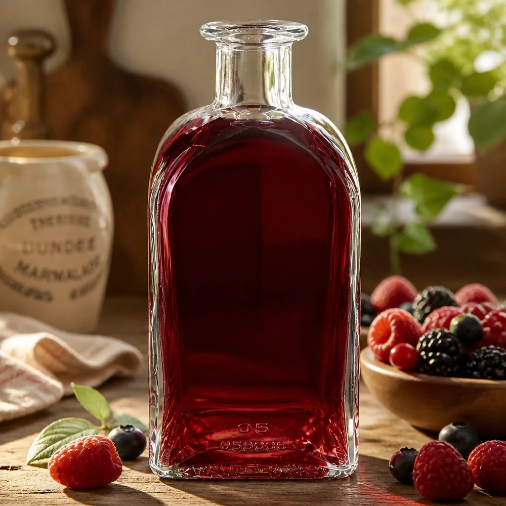 Flacone farmaceutico da 500 ml Julia senza tappo UNiTWIST® Bottiglia di vetro Julia 500ml piena di liquido rosso circondata da bacche come decorazione su un tavolo di legno
