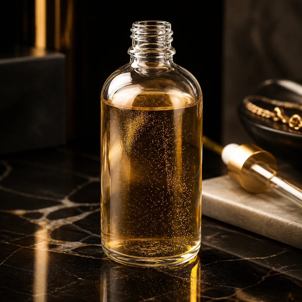 Flacon à pharmacie 100ml ClearLine DIN18 UNiTWIST Flacon en verre transparent de 100 ml contenant de l'huile pailletée dorée sur fond de marbre noir UNiTWIST ClearLine DIN18