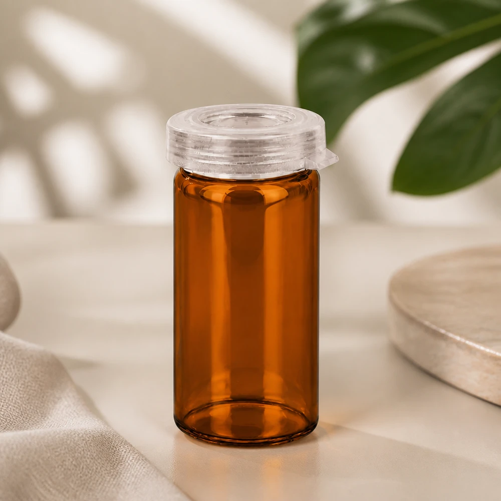 Tabletten/Rollrandglas 5ml klar mit Schnappdeckel Zylindrisches Rollrandglas 5ml Braunglas mit aufklappbarem Kunststoffdeckel für Nahrungsergänzung