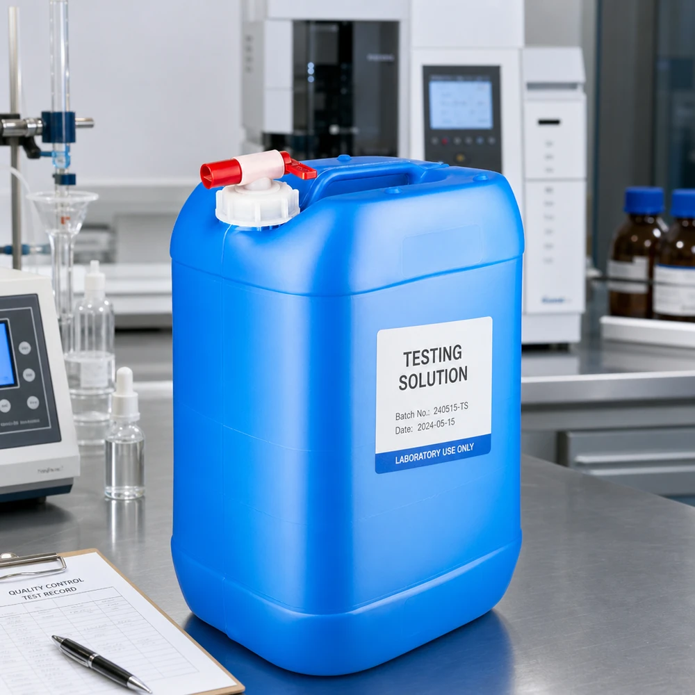 Stapelbarer Kunststoffkanister 25L blau mit sicherem Auslaufhahn für Chemikalien im Laborbetrieb