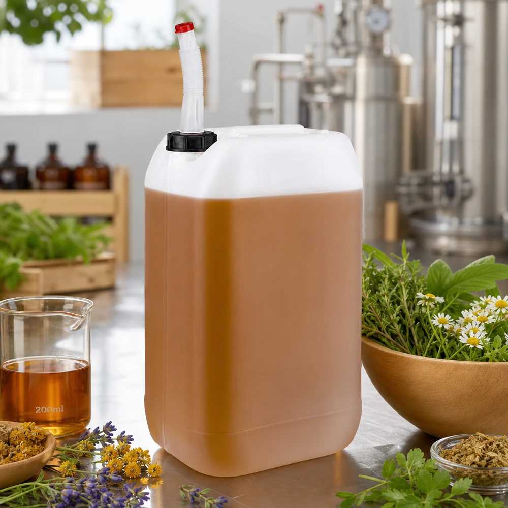 Bidon 15 litres avec tuyau d'écoulement Flex Bidon transparent de 15 litres contenant un liquide ambré et muni d'un bec verseur souple