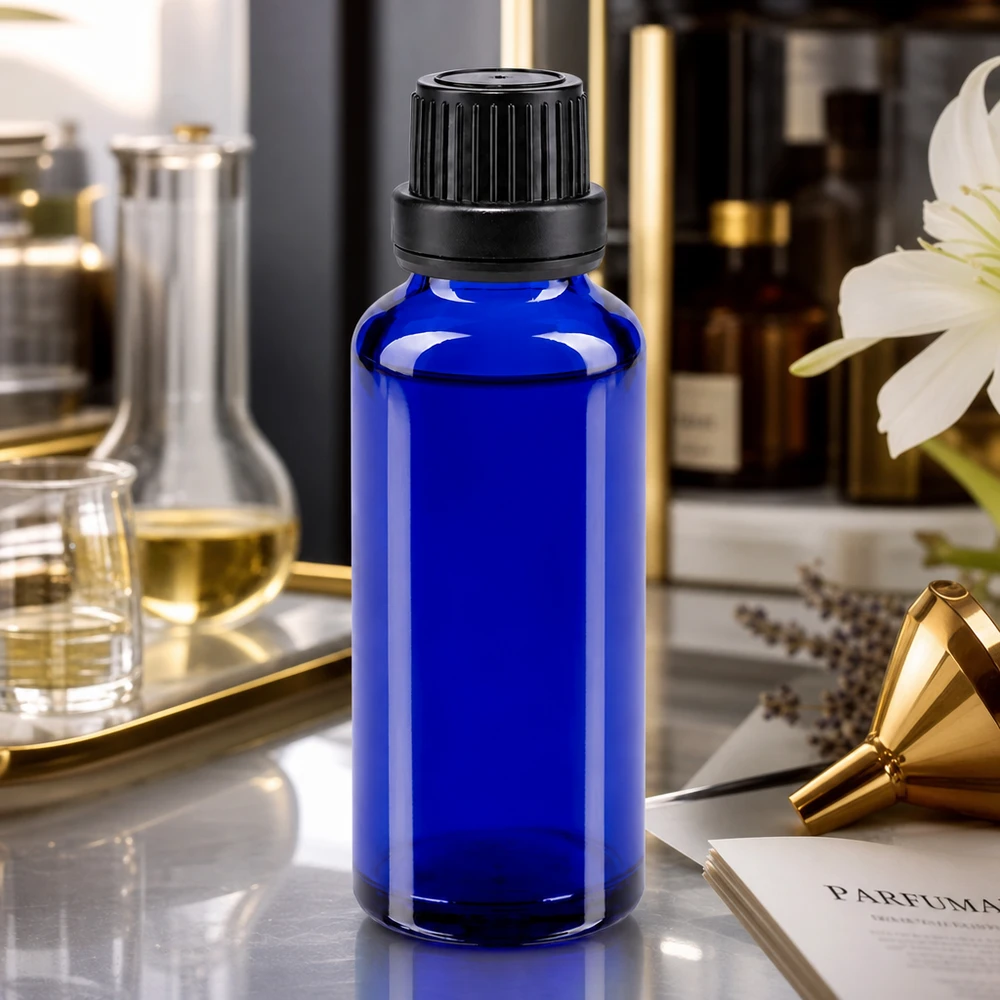 Flacon de pharmacie bleu 30ml bouchon compte-gouttes 2mm noir bouchon inviolabilité Flacon compte-gouttes ApoGlas bleu de 30 ml avec insert de 2 mm et bouchon noir pour la fabrication de parfums