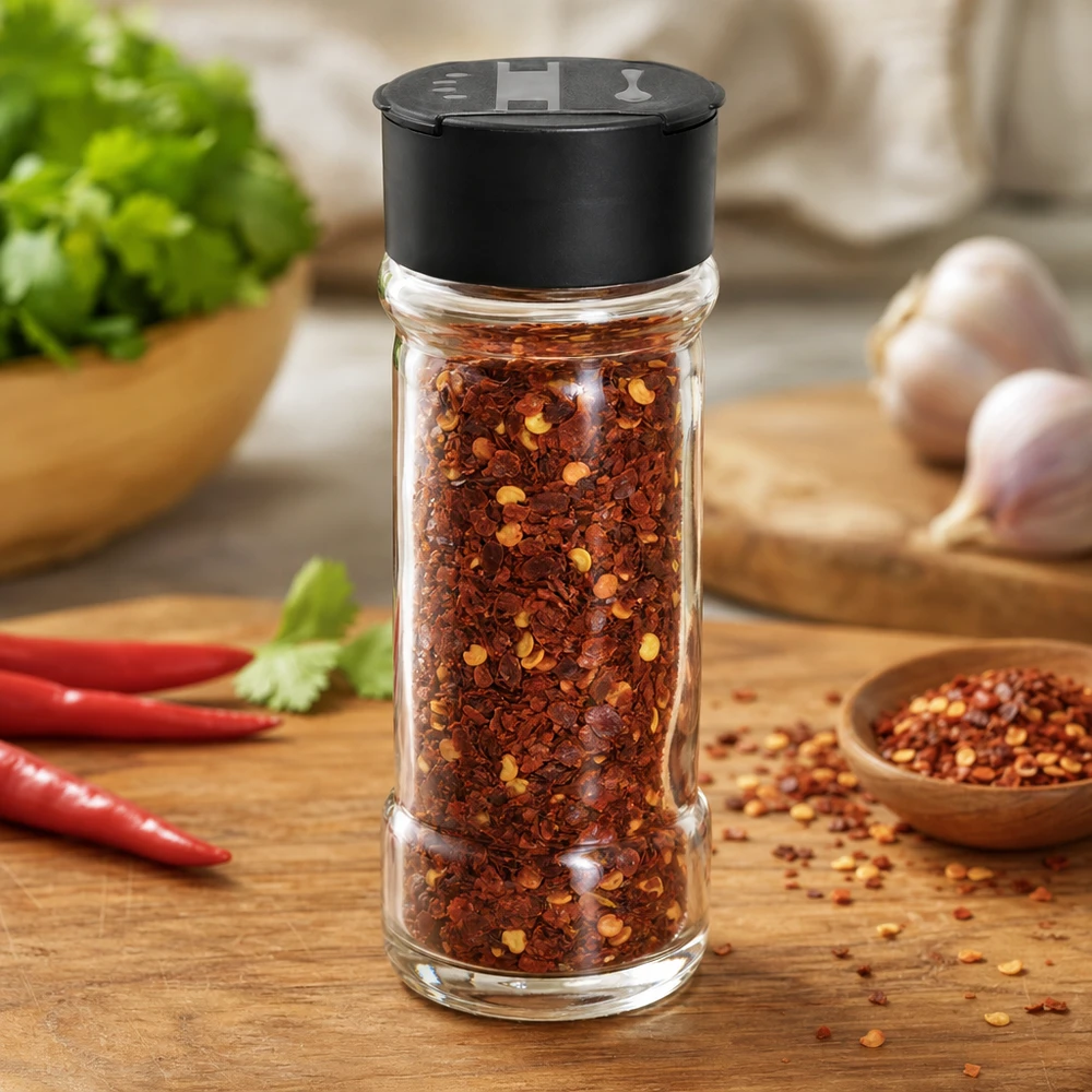 Pot à sel/épices 100 ml avec double saupoudreuse, noir Rundes Gewürzglas 100ml mit Doppelstreuer schwarz auf Holzbrett mit Knoblauch und Kräutern