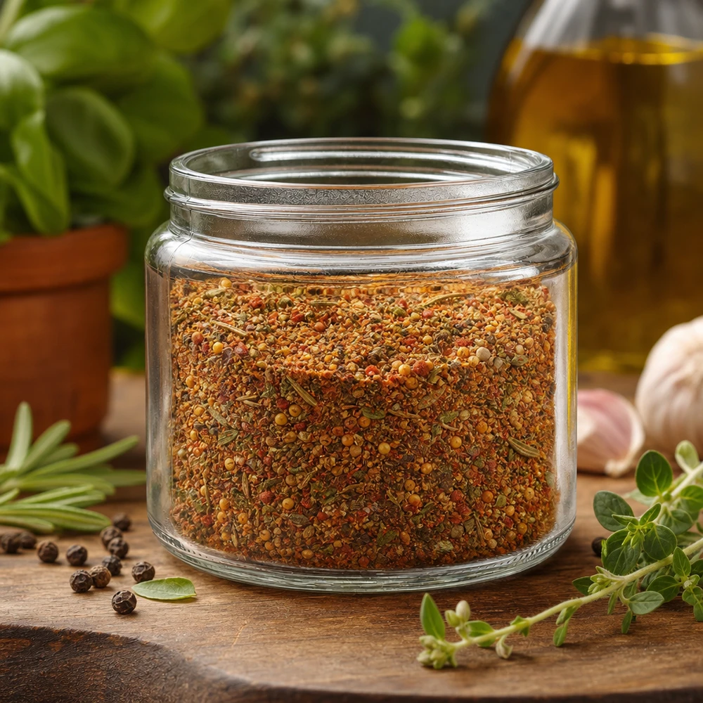 Vasetto per unguenti (vasetto di vetro) 250 ml trasparente, senza coperchio Barattolo di vetro trasparente da 250 ml riempito con mix di spezie circondato da erbe fresche, aglio e olio d'oliva Decorazione per la cucina