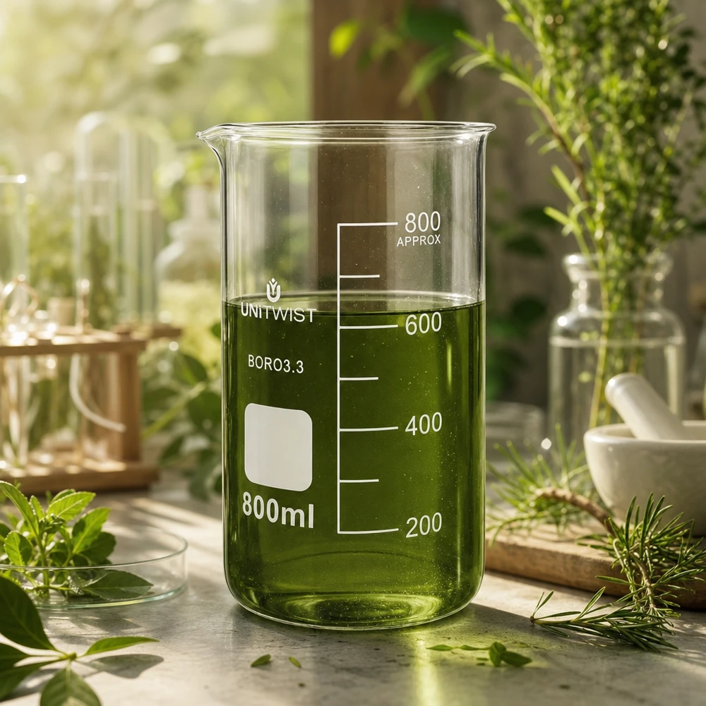 Bicchiere 800ml borosilicato, stampo alto UNITWIST Bicchiere da laboratorio da 800 ml, modello alto UNITWIST, con estratto vegetale verde circondato da erbe aromatiche fresche