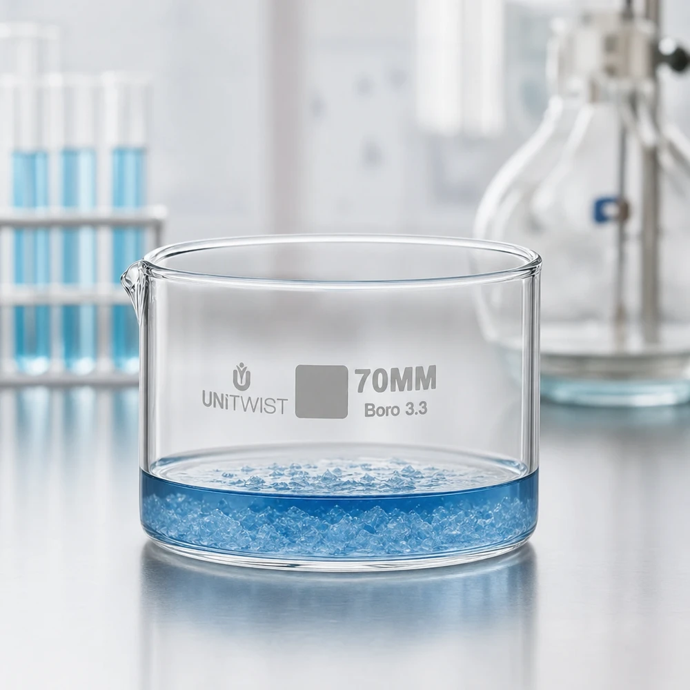 Vaschetta di cristallizzazione UNiTWIST ø70 mm Boro 3.3 con cristalli blu su un tavolo da laboratorio
