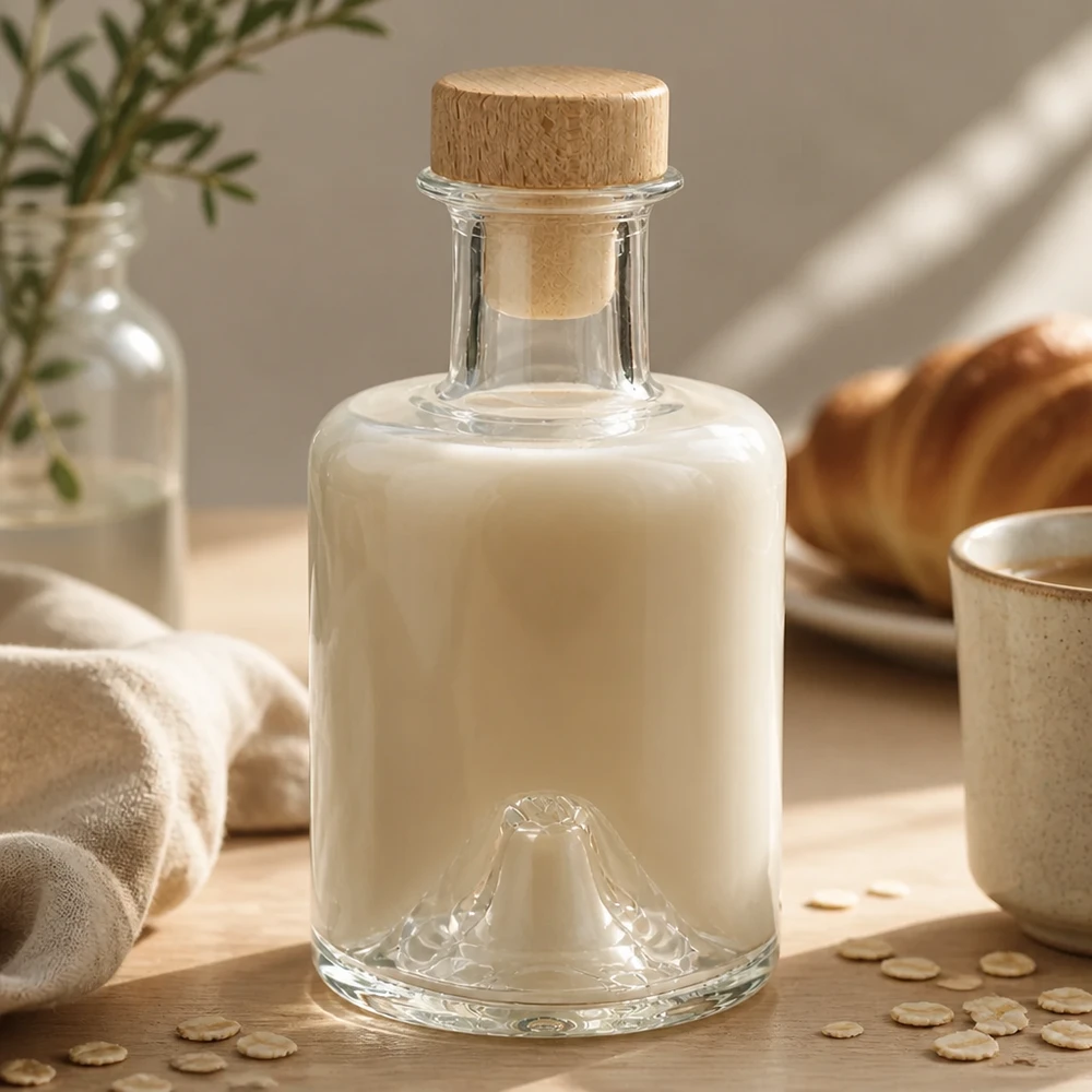 Flacone farmaceutico da 200 ml Sofia con tappo in sughero con impugnatura in legno UNiTWIST® Bottiglia in vetro di Sofia da 200 ml con tappo in legno, riempita con latte d'avena cremoso in un ambiente di cucina naturale con fiocchi d'avena.