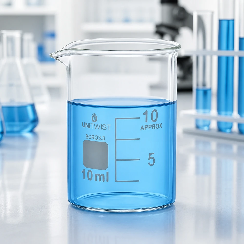 Bicchiere da 10 ml in borosilicato, a basso stampo UNiTWIST Becher da laboratorio in vetro trasparente da 10 ml contenente un liquido blu su un tavolo da laboratorio bianco