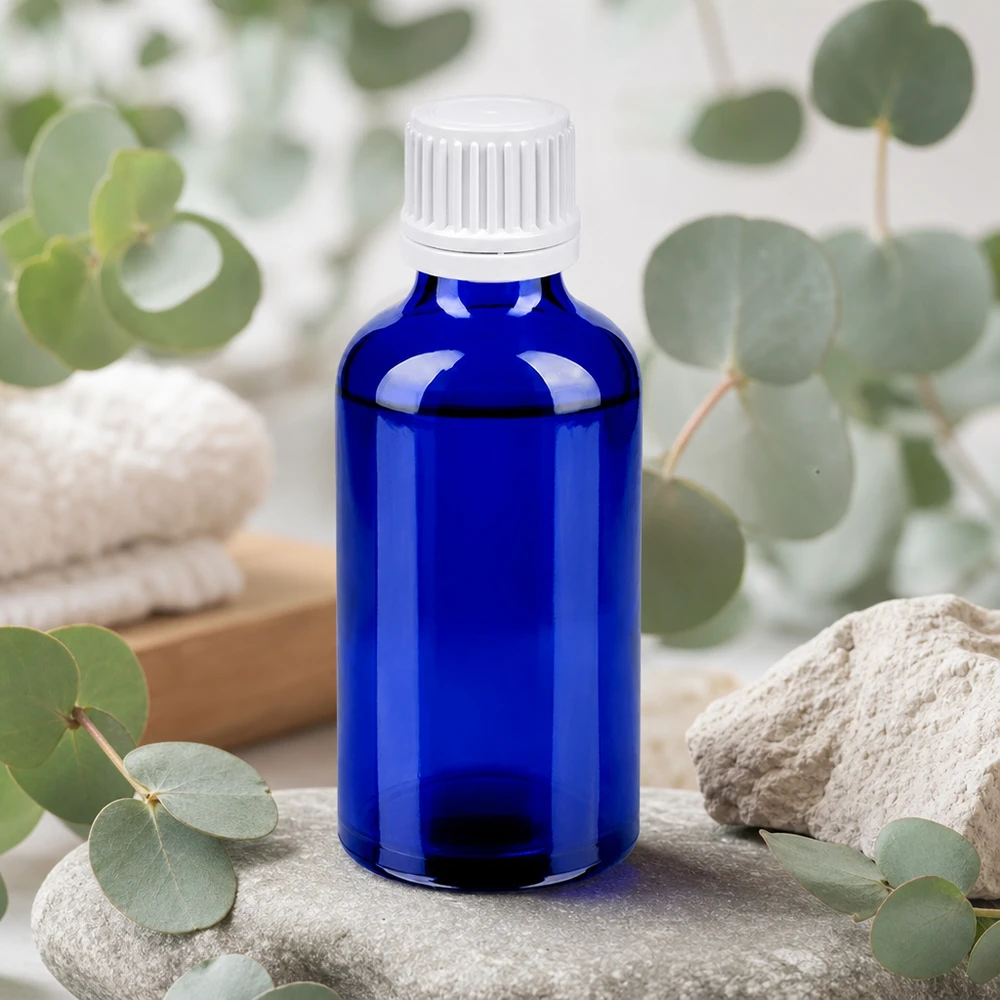 50ml Flasche 11mm Schraubverschluss weiß Originalitätsverschluss BlueLine UT18/50 Robuste Glasflasche 50ml dunkelblau mit weißem Verschluss für professionelle Anwendungen