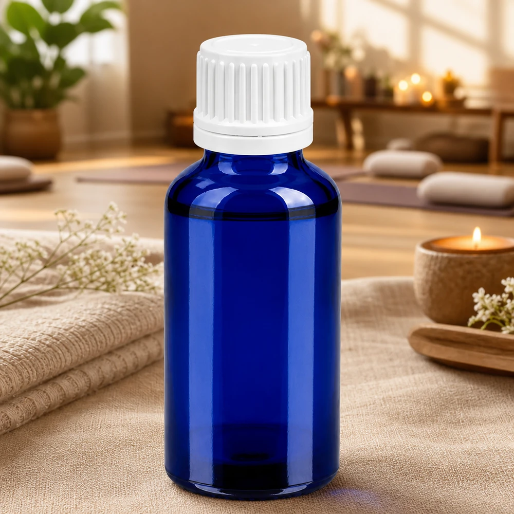 30ml Flasche 11mm Schraubverschluss weiß Originalitätsverschluss BlueLine UT18/30 Premium 30ml Glasflasche in Kobaltblau mit weißem Verschluss für lichtempfindliche Substanzen