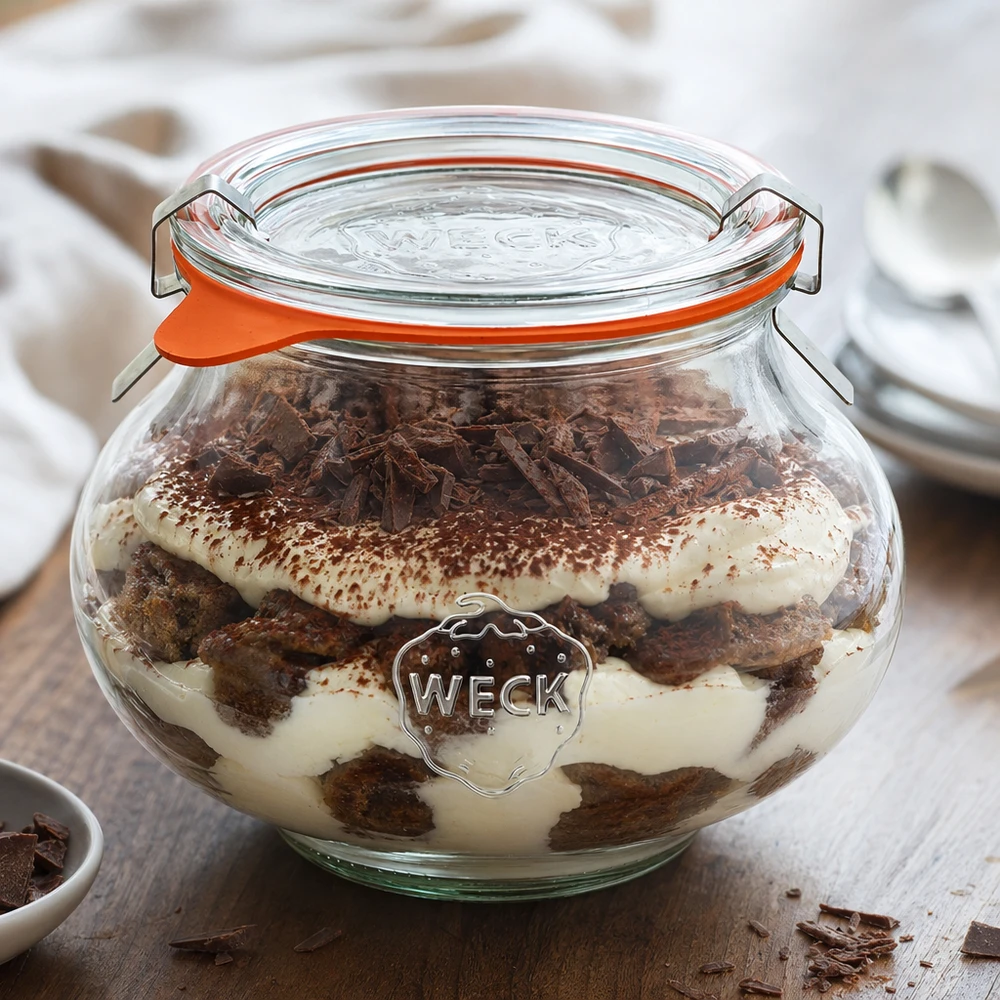 Vaso decorativo da 560 ml completo WECK RR80 Vaso per conserve WECK da 560 ml riempito di dessert tiramisù, dimostrazione dell'uso pratico come vaso di conservazione