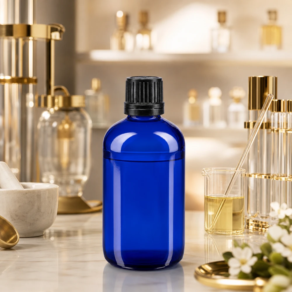 Apothekenflasche blau 100ml Schraubverschluss schwarz Giessring Originalitätsverschluss Rundschulter-Apothekerflasche 100ml blau mit schwarzem Kindersicherheitsverschluss