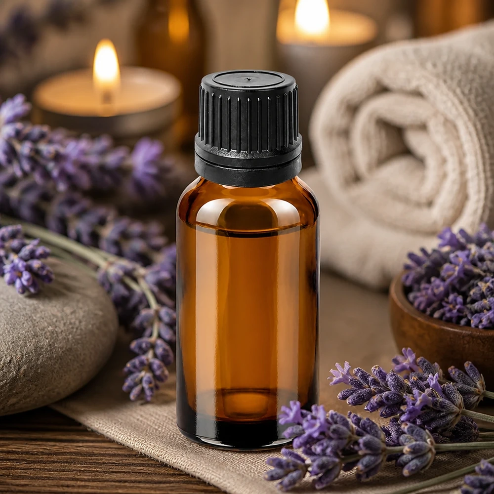 Flacone contagocce in vetro ambrato da 20 ml con design ergonomico per un facile utilizzo a casa.
