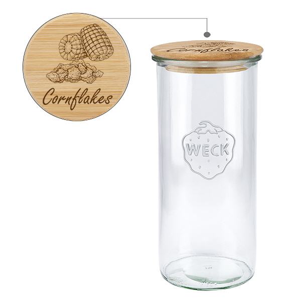 Holzdeckelset "Cornflakes" mit WECK Glas 1500ml Holzdeckelset "Cornflakes" mit WECK Glas 1500ml