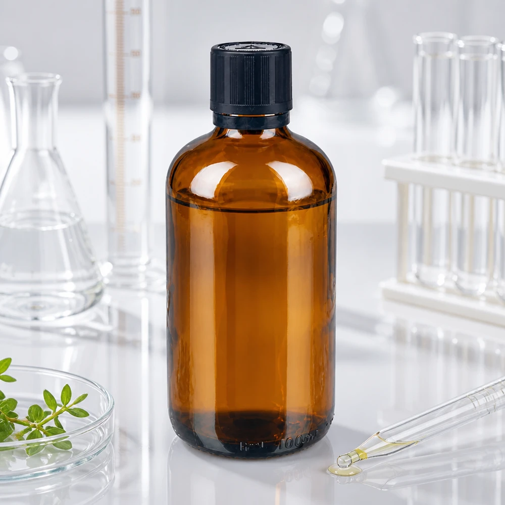 100ml Tropfflasche aus Braunglas mit originalitätsgesichertem Verschluss neben Petrischale mit Heilkräutern