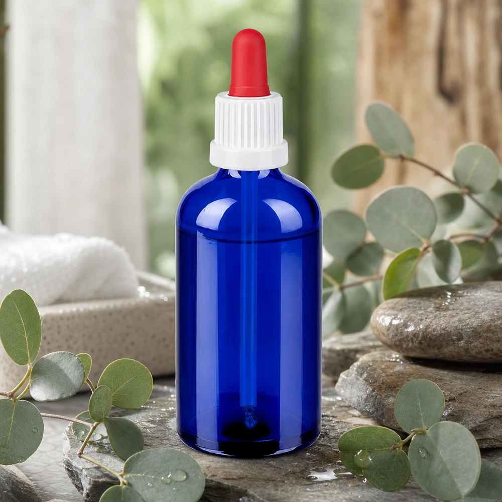 Flacone per pipette da 100 ml bianco/rosso OV BlueLine UT18/100 Flacone contagocce compatto da 100 ml in qualità farmaceutica con sistema di dosaggio preciso in vetro