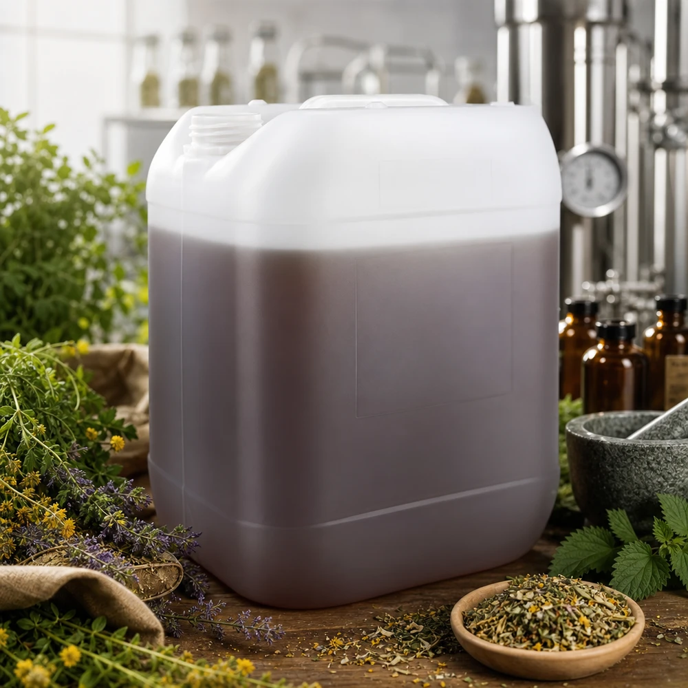 Jerrican de 20 litres sans bouchon Extrait de plantes dans un bidon de 20 litres sans bouchon, entouré d'herbes médicinales fraîches et de fleurs séchées