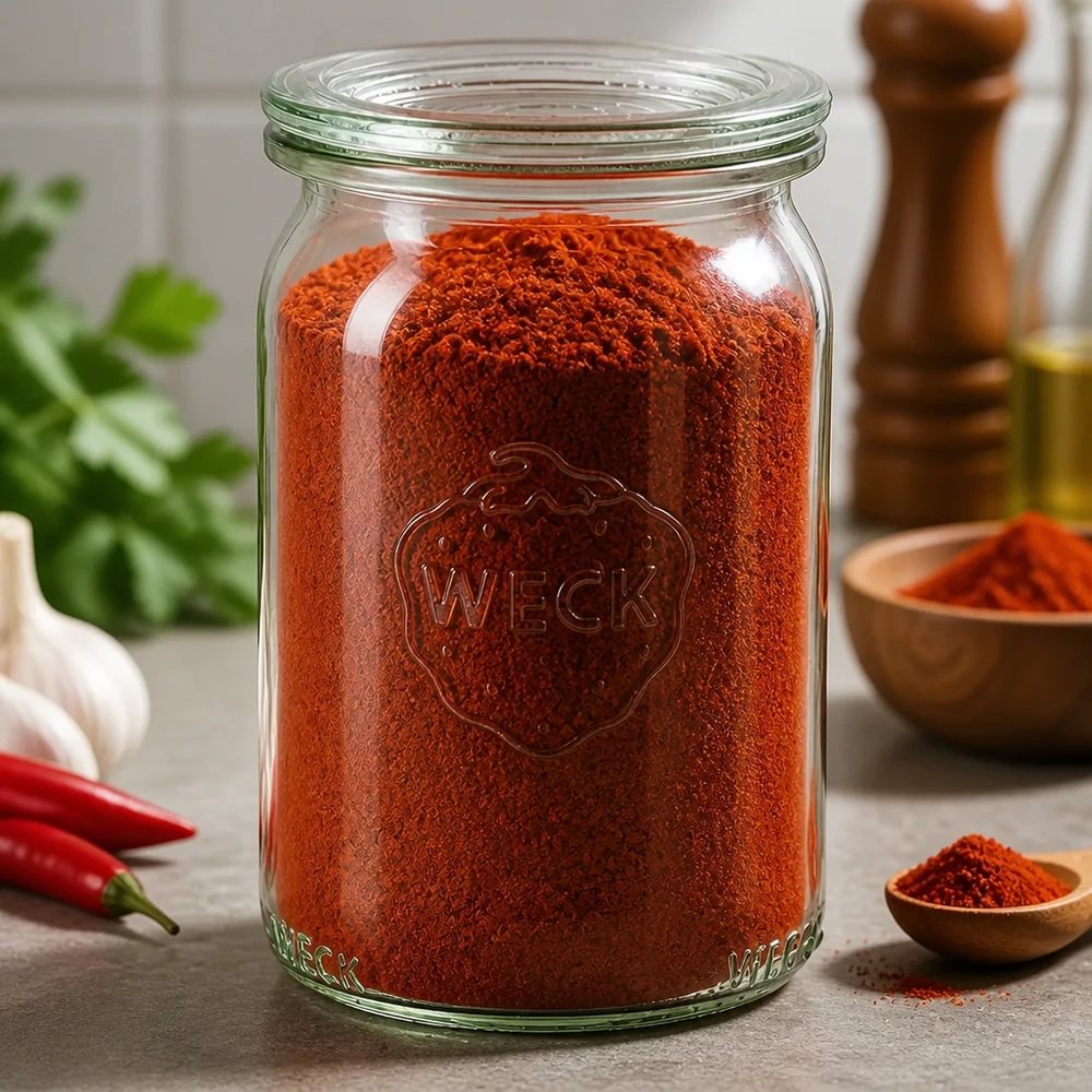 Barattolo cilindrico da 145 ml con coperchio in vetro WECK RR40 WECK Barattolo cilindrico RR40 da 145 ml riempito di paprika rossa in polvere in una scena di cucina con spezie e peperoncino