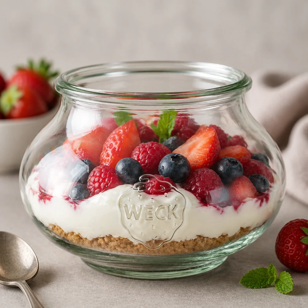 Barattolo di vetro decorativo WECK RR80 da 560 ml WECK Schmuckglas 560ml RR80 als elegantes Dessertglas mit Beerenmischung und Creme für stilvolle Tischdekoration