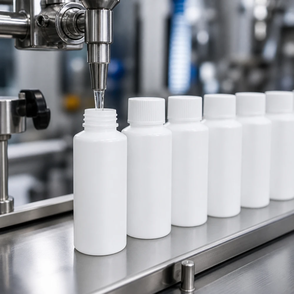 Flacon de pharmacie en PEHD blanc de 30 ml avec bouchon d'inviolabilité, fabriqué sur une ligne de remplissage automatisée