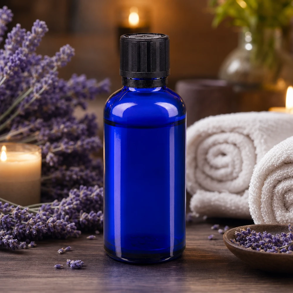 Flacon à pharmacie bleu 50ml bouchon inviolable 1mm noir sécurité enfant adapté aux aveugles bouchon inviolabilité Petit flacon en verre bleu de 50 ml muni d'un bouchon compte-gouttes, présenté parmi des fleurs de lavande et des accessoires de bien-être